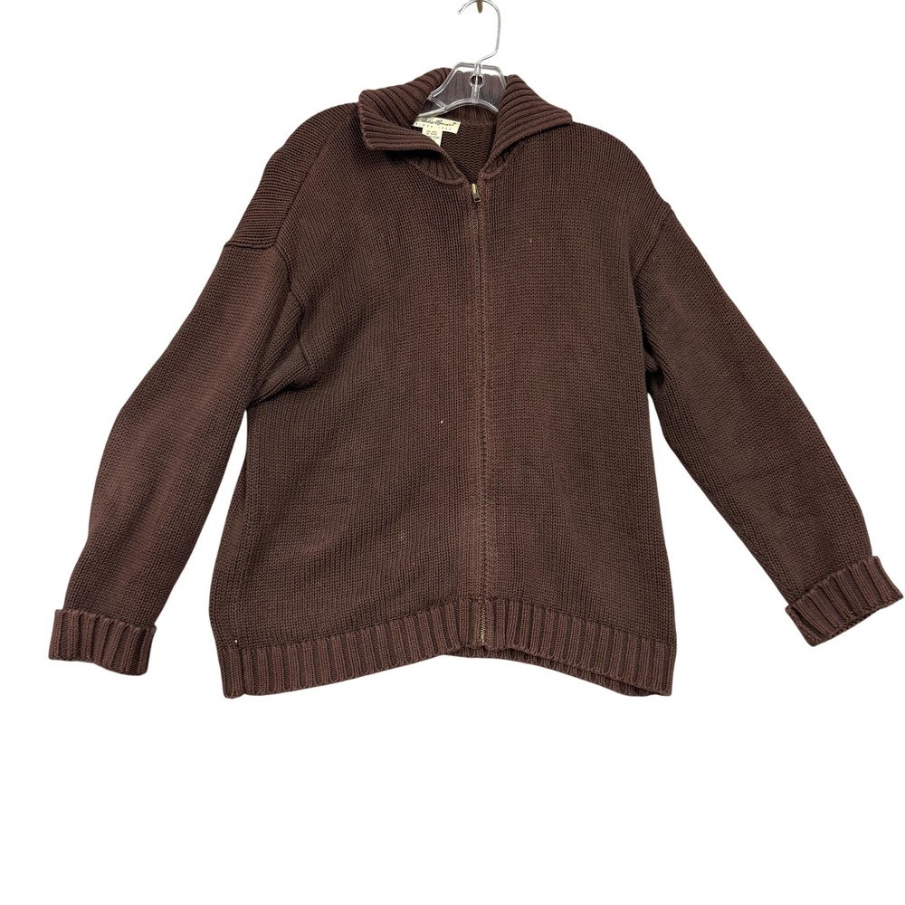Vintage Eddie Bauer Sweater Womens Medium Brown Cotton Full Zip Cardigan 80s